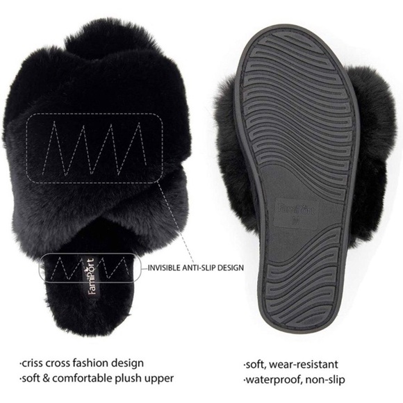 SLIPPERS Fluffy Slides Black Faux Fur, Cross Band Small - Picture 2 of 10